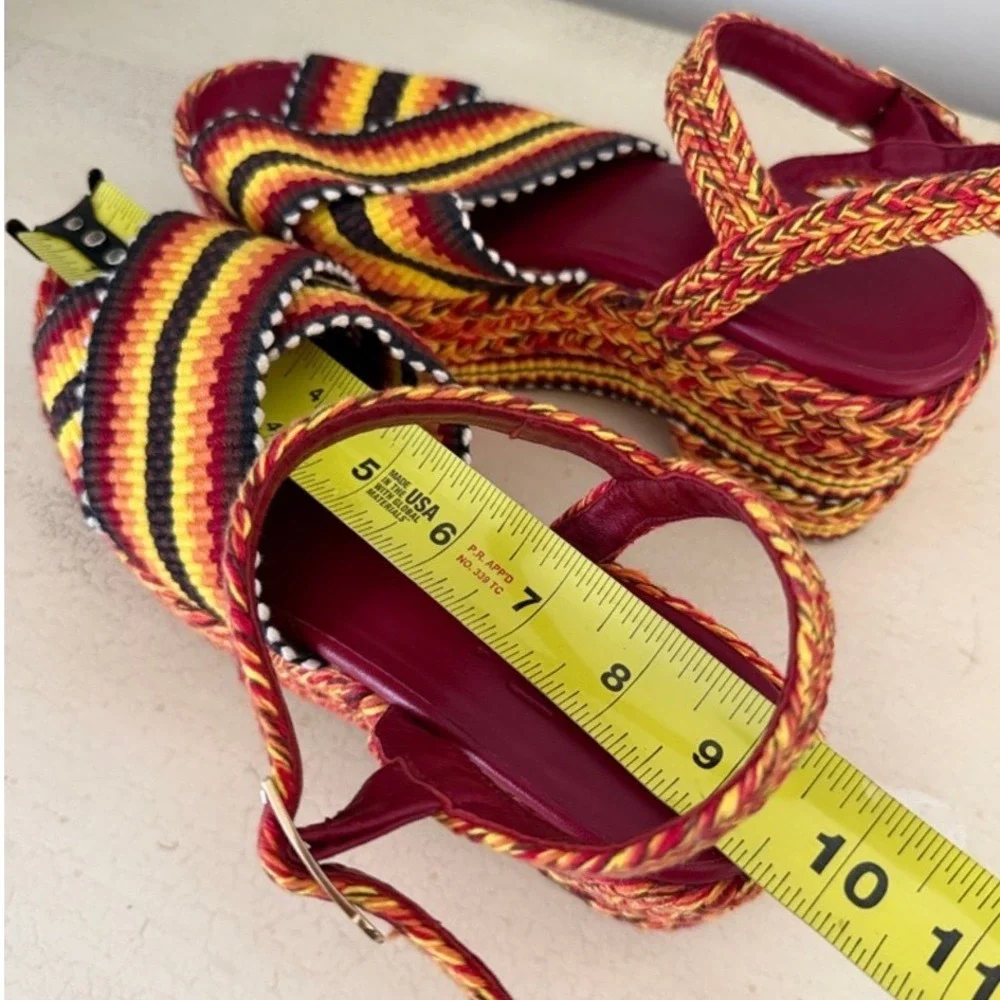 Antolina Paris Woven Textile Women Sz 8 Striped Platform Sandal Red/Yellow/Black